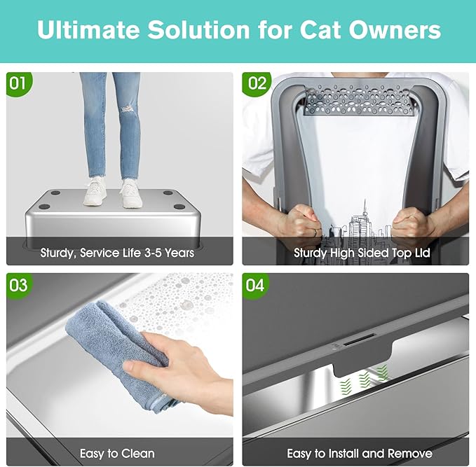 2PACK Stainless Steel Cat Litter Box with High Sides Lid, Extra Large XL Litter Box for Big Cats,Open Top Metal Kitty Litter Box with Anti-Leakage Enclosure,Non-Stick,Odorless,Scoop Included