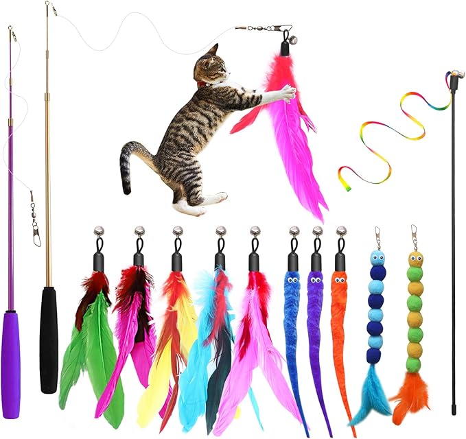 Cat Toys, 2PCS Retractable Cat Feather Toys, 10PCS Replacement Teaser Refill, 1PC Rainbow Ribbon Wand Interactive Kitten Toys for Indoor Cat Make Exercise