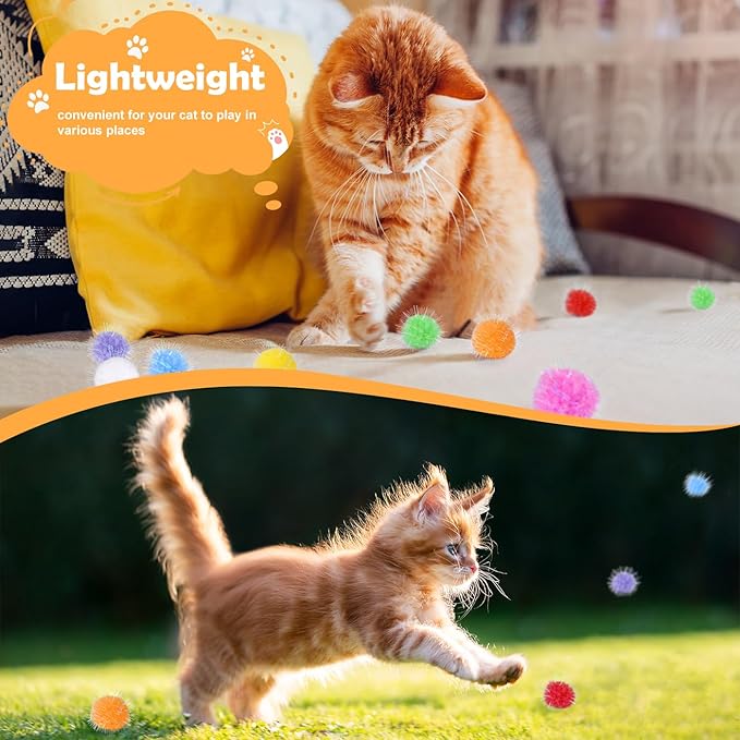 DF DUALFERV 60 Pcs Cat Pom Pom Balls, Interactive Pom Pom Cat Toys, Sparkle Balls for Cats, Extra Large Fuzzy Cat Balls for Exercise and Entertainment, Multicolor, 1.5 Inch