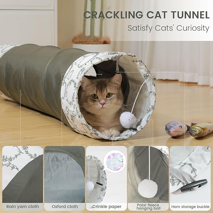 Cat Tunnel,Cat Tunnel for Indoor Cats, Collapsible Crinkle Paper Cat Play Tunnel Toys Set Anti-Scratch Cat Tunnel 9.8"*51",Cat Feather Toy Fishes for Cats, Puppy, Kitty, Kitten, Rabbit