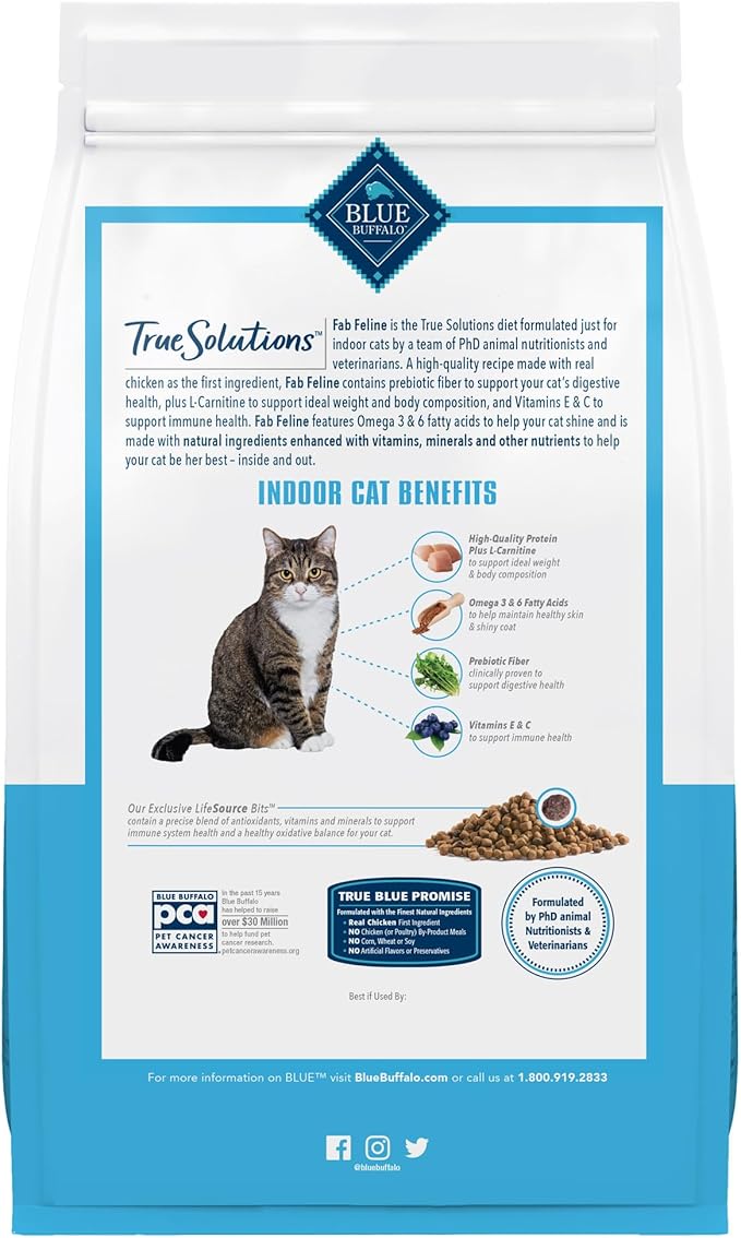 Blue Buffalo True Solutions Fab Feline Natural Dry Food for Adult Indoor Cats, Chicken, 11-lb. Bag