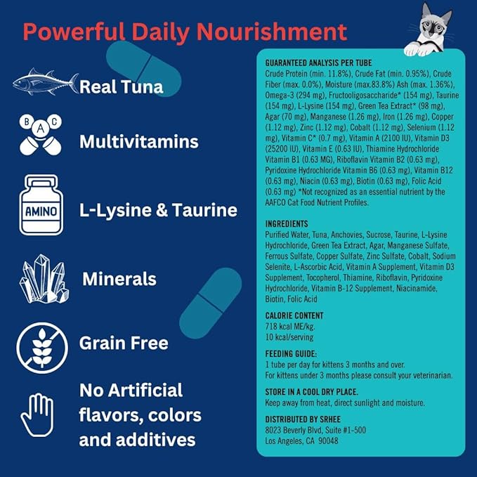 Lickable Cat Treats for Indoor Cats - Multivitamin Puree Treat with Real Tuna, Lysine, Taurine, & Grain Free | 12 Cat Tube Treats