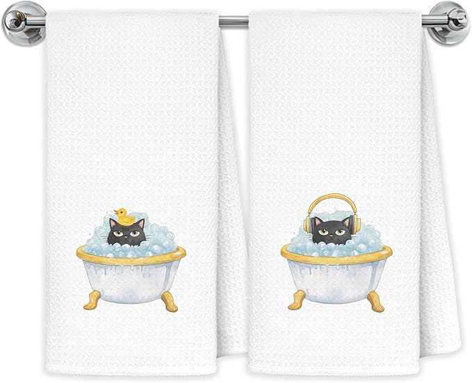 Funny Black Cat Bathroom Hand Towels, Cat Lover Mom Lady Gifts for Women, Cute Bathing Black Kitten Decorative Hand Towels for Bathroom Washroom, 16x24 Inch Set of 2