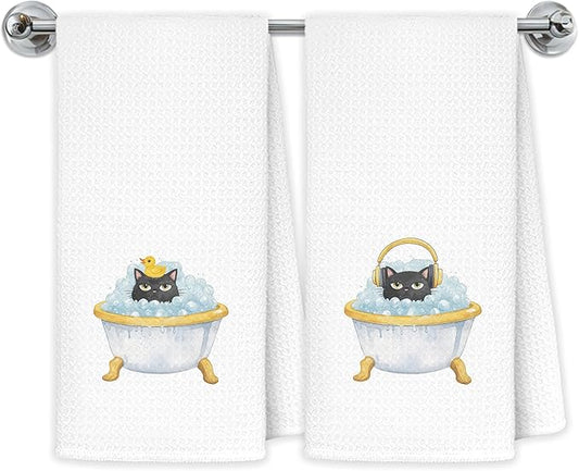 Funny Black Cat Bathroom Hand Towels, Cat Lover Mom Lady Gifts for Women, Cute Bathing Black Kitten Decorative Hand Towels for Bathroom Washroom, 16x24 Inch Set of 2