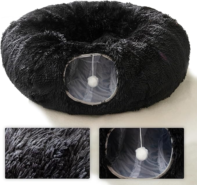 HIPIPET Winter Plush Cat Tunnel with Cat Bed for Indoor Cats,Multifunctional Cat Toys for Small Medium Large Cat. (Black)
