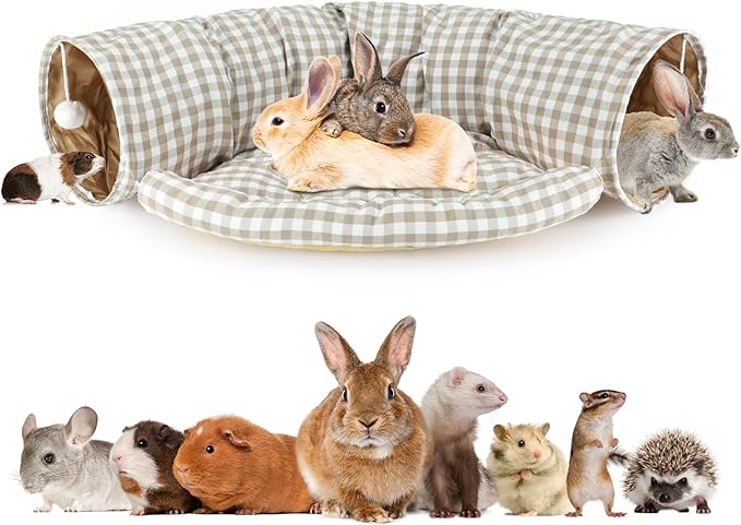 BWOGUE Bunny Tunnel Bed, 2-in-1 Collapsible Tunnel Tubes Toys with Removable Mat Hideout for Cats Kittens Rabbits Guinea Pigs Kitty