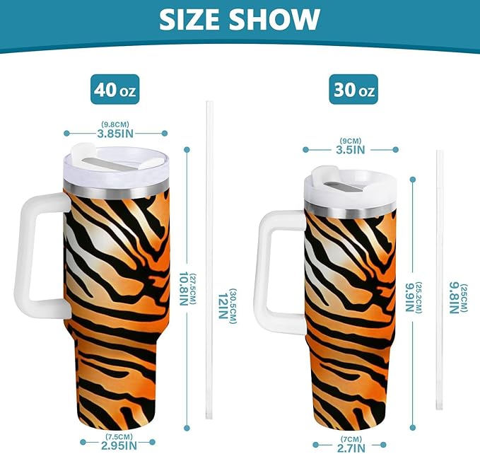 Boccsty Tiger Skin Texture Tiger Insulated Tumblers Black Orange Stripe Reusable Stainless Steel Tumbler 40 oz Cup Coffee Travel Mug Water Bottle with Handle & Flip Straw for Home Office Car