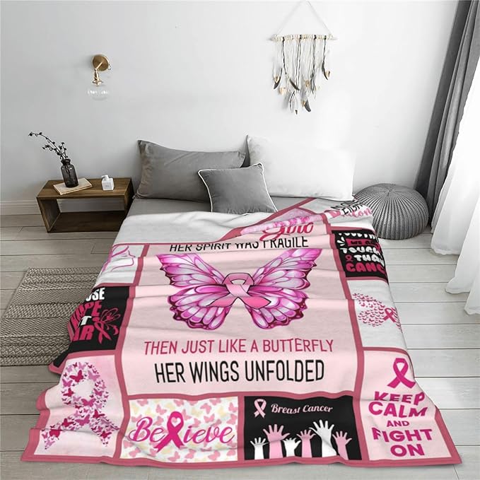 Breast Cancer Awareness Throw Blanket - Ultra Soft, Cozy Fuzzy Plush Fleece Lightweight Blanket - Gifts for October, Girls, Friends, Women, After Surgery - 60"X80"