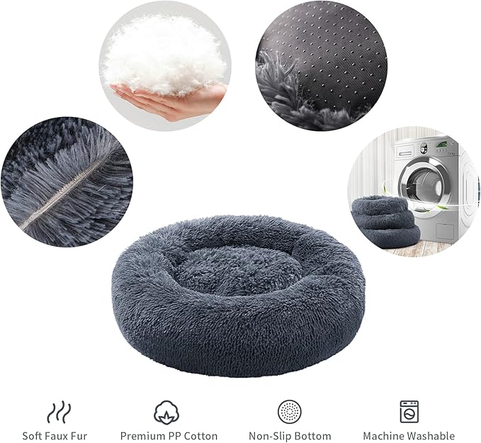 Small Cat Bed for Indoor Cats, Self-Warming Donut Kitty Bed for Small Cats Keeping Warm, Washable Pet Bed with Anti Slip Base, 23‘’ Darkgrey