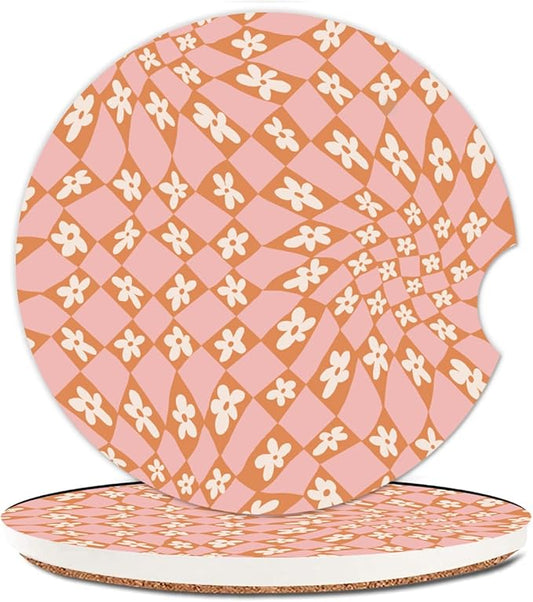 Absorbent Car Cupholder Coaster 2 Pack, Cute Car Coasters with a Finger Notch for Women & Men,2.56" Ceramic Stone & Non-Scratch Cork Base Drink Coasters, Cute Auto Accessories Gifts