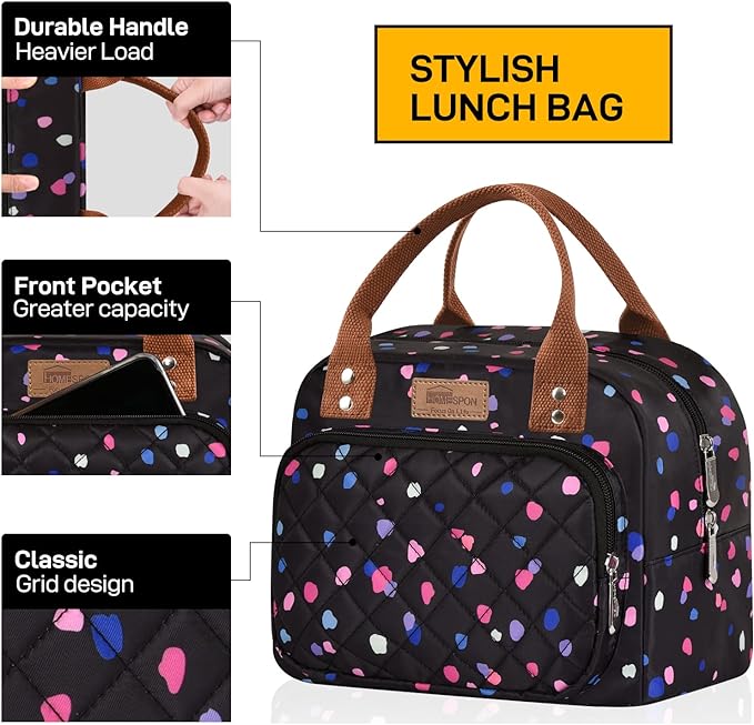 Buringer HOMESPON Lunch Bag for Woman Man Adults with Front Pocket Insulated Lunch Tote Lunch Box Container for Work Picnic or Travel（Multi Dots）