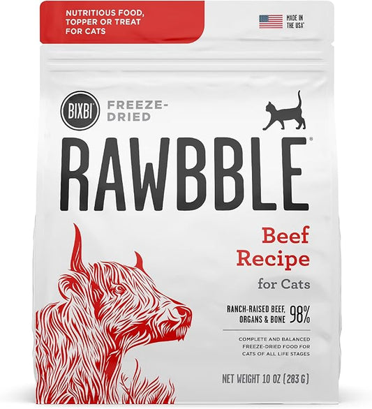 BIXBI Rawbble Freeze Dried Cat Food, Beef Recipe, 10 oz - 97% Meat and Organs, No Fillers - Pantry-Friendly Raw Cat Food for Meal, Treat or Food Topper - USA Made in Small Batches