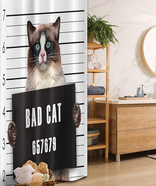 Ambesonne Cat Stall Shower Curtain, Bad Gang Cat in Jail Kitty Under Arrest Criminal Prisoner Hangover Work, Fabric Bathroom Decor Set with Hooks, 36" W x 72" L, Brown Black White