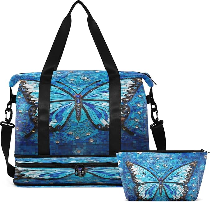 Blue Dream Butterfly Travel Duffel Bag Waterproof Gym Sport Tote Bag Carry On Weekender Bag with Compartment