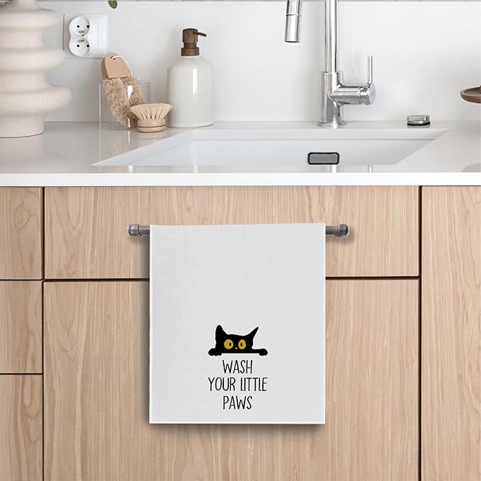 Black Cat Hand Towels - Wash Your Little Paws Cat Decorative Waffle Weave Hand Towels for Kids Bathroom, Black Cat Gifts, Cat Themed Gifts, 16x24 Inch