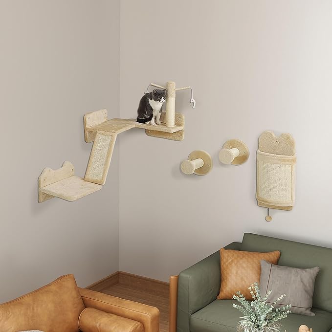 PawHut Cat Wall Shelves, 4PCs Corner Design Cat Wall Furniture with Scratching Post, Scratching Board, Perches, Cat Wands, Toy Ball, Cat Wall Climber for Indoor Cats Kittens, Beige