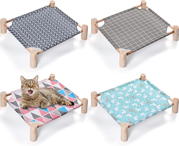 Mixweer 4 Pcs Cat Hammock Bed Wooden Cat Cooling Bed Elevated Cat Bed Detachable Portable Cat Chair for Cats Small Dogs Pets Sleeping Indoor and Outdoor 21 x 19 x 5 Inch (Alpaca)