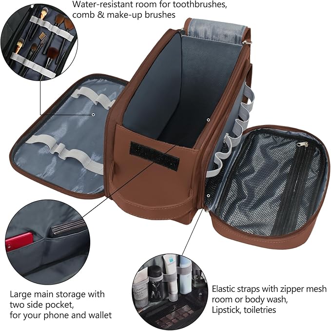 Buruis Extra Large Toiletry Bag for Men, Travel Toiletry Organizer Dopp Kit Water-resistant Shaving Bags, PU Leather Cosmetic Bathroom Shower Bag for Toiletries, Grooming, Accessories (Brown)