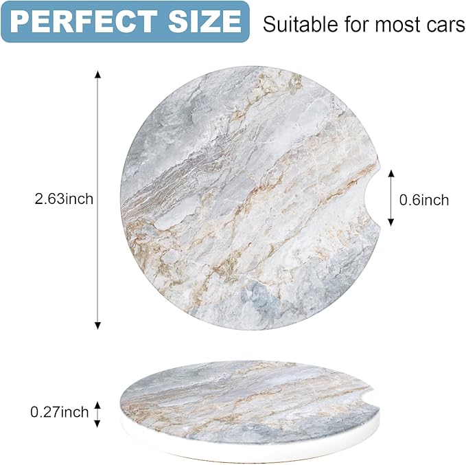 2 Pack Car Cup Holder Coaster, 2.63 inch Anti Slip Insert Absorbent Ceramic Car Coaster with Cork Base and Finger Notch, Cute Car Accessories Interior for Women, Cute Car Coasters., CH0025