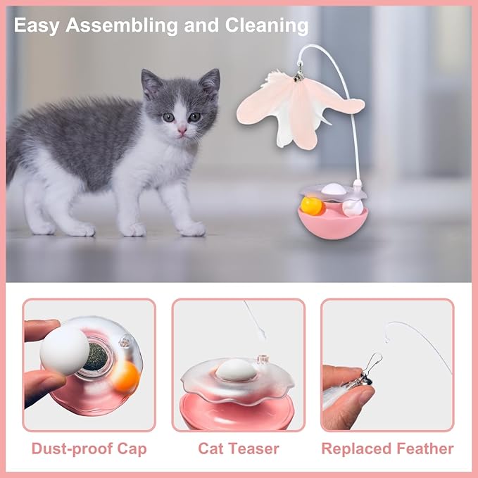 Interactive Cat Feather Toys, Catnip, Track Balls, Cat Teaser for Indoor Cats and Kittens Exercise (Pink)