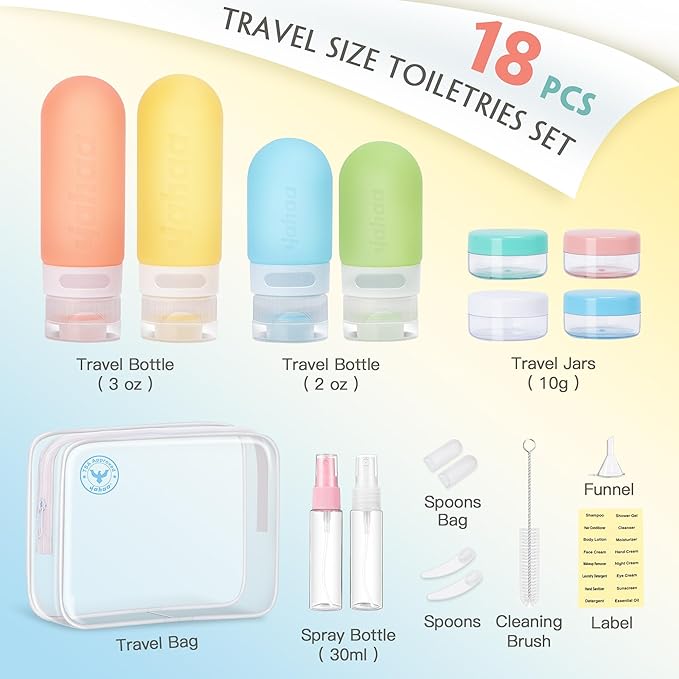 18 Pcs Travel Size Toiletries Set,Leak Proof Squeezable Silicone Bottles for Shampoo and Conditioner,TSA Approved Travel Essentials Accessories,White Pack