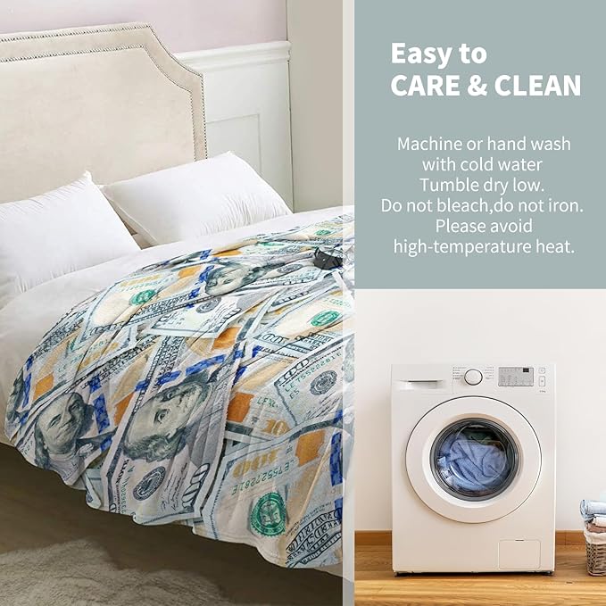 Money Blanket 100 Dollar Bills Print Gifts for Men Boys Women Kids Birthday Christmas Valentine Presents for Dad Mom Husband Wife Teens Wealth Theme Decor Bedroom Living Room Soft Cozy Throws 60"x50"