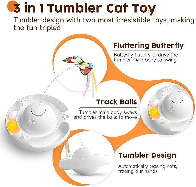 Potaroma Electric Fluttering Butterfly Cat Toys Smart Interactive Electronic Kitten Toy, Bell Track Balls, Indoor Exercise Cat Kicker, 3 AA Batteries Required (Bright White)
