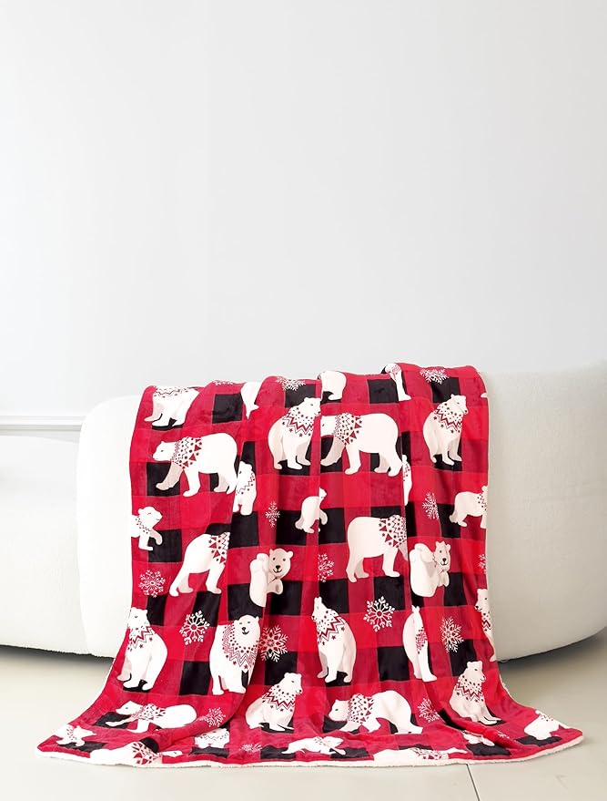 Elegant Comfort Reversible and Ultra-Plush Flannel Fleece-Winter Christmas Sherpa Throw- Lightweight Soft and Cozy-Holiday Decorative Throw, Perfect for Lounging, 50 x 60 inches, Polar Plaid Red