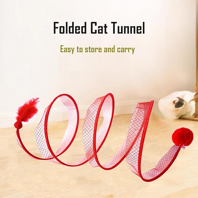 Cat Tunnel for Indoor Cats, S Type Foldable Cat Tunnel Red Cat Play Tunnels with Feather and Ball Interactive Cat Toys