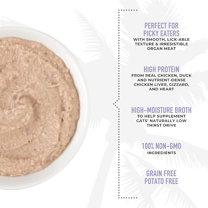 Tiki Cat After Dark, Velvet Mousse, Chicken & Duck Recipe in Chicken Broth, Grain & Potato Free Formula, with High Protein & Nutrient Dense Blended Irresistible Organ Meat, 2.8 oz. Pouch (Pack of 12)