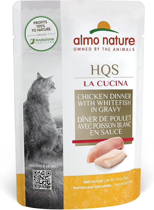 almo nature HQS La Cucina Chicken with Whitefish in Gravy, Grain Free, Additive Free, Adult Cat Wet Food, Shredded, Pouches, 24 x 55g/1,94 oz