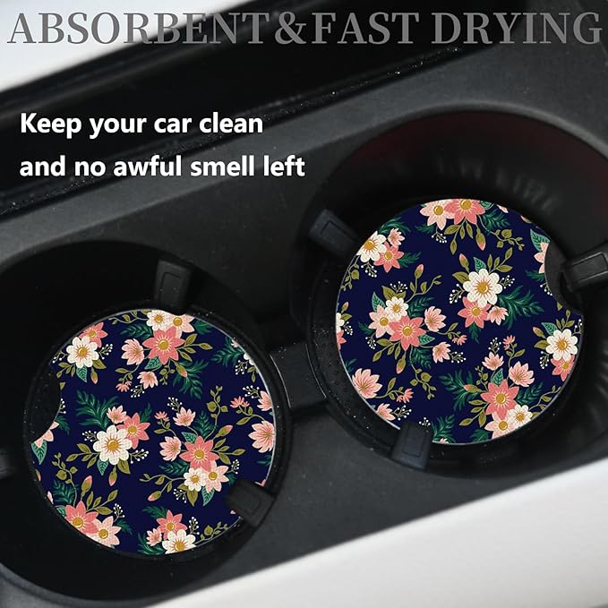 2pcs Flowers Pattern Car Cup Holder Coasters - Hippie Car Accessories, Universal Auto Anti Slip, Rubber Coasters with A Finger Groove