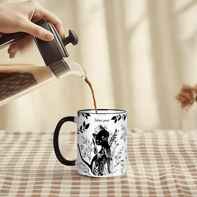 Black Cat Mug 11 Oz Black and White Boho Cats Coffee Mug,Birthday Gifts, Graduation Gift Mothers Day Gifts for Cats Lovers Women,Friends,Mom,Grandma Ceramic Coffee Mugs Microwave & Dishwasher Safe