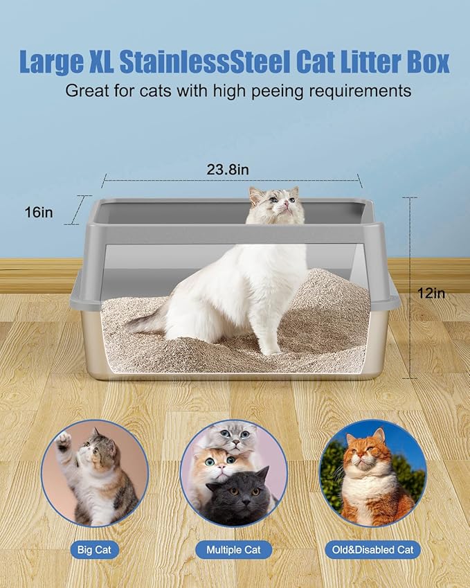 2PACK Stainless Steel Litter Box, Metal Litter Box with Lid High Sides, XL Extra Large Litter Box for Big Cats, Never Absorbs Odors, Leak-Proof, Stain-Free, Rust-Free, Easy to Clean, Scoop Included