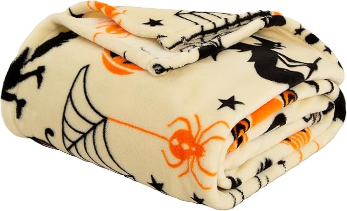 Pumpkin Halloween Blanket 50” x 70” Reversible Witch's Hat Spider Webs Print Fleece Throw Blanket, 320 GSM Surper Soft Warm Cozy Blanket for Couch Sofa, Halloween Harvest Gifts and Orange Home Decor