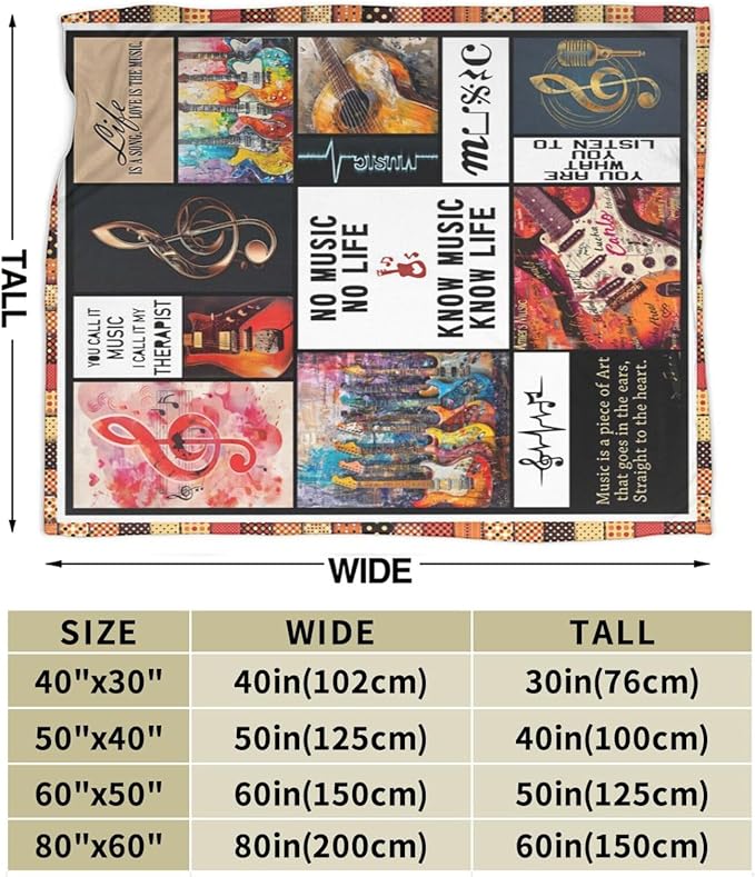Retro Guitar Blanket for Woman Musical Instrument Guitar Throw Blanket Music Notes Decor Stuff Merch Cozy Fuzzy Warm Soft Plush Flannel Lightweight Bedding Guitar Gifts for Girls Kids Couchs 50"X40"