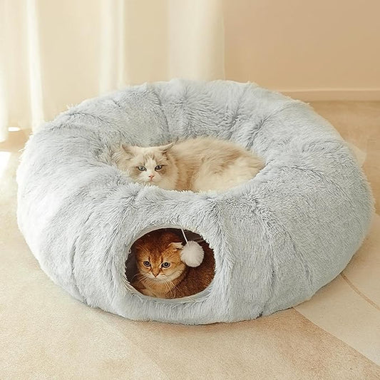 Cat Tunnel Bed for Indoor Cats,Warm Plush Cat Play Tunnel with Central Mat, Cat Calming Cave with Hanging Ball & 2 Peepholes,S-Shape Cat Tube and Cat Donut Tunnel (Grey)
