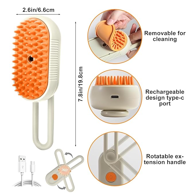 3 in1 Steamy Pet Hair Brush, Yellow, Massage Grooming Brush With Water Spray for Removing Static Flying Hair, Dog & Cat Comb for Shedding