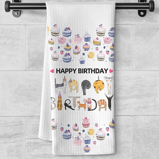 Happy Birthday Cat Towel,Cat Mom Gifts,Cat lady Gifts,Cat Gifts for Women,Crazy Cat Lady Gifts,Cat Kitchen Towels,Cat Hand Towel,Cat Dish Towels,Cat Kitchen Accessories-Gifts for Cat Lovers for Women