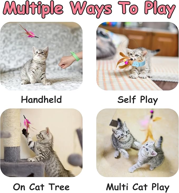 Cat Collars with Cat Feather Toys,3pcs Interactive Cat Toy with Bell for Indoor Cats,Adjustable Silicone Cat Collar Toy(Pink&Blue&Green)