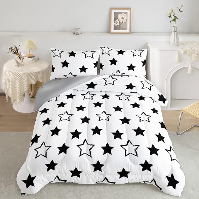 Axolotl Kids Twin Bedding Comforter Set,3Pcs Super Cute Soft Black and White Stars Quilt Set Bed in A Bag with 1 Comforter 2 Pillowcases for Kids Boys Girls Teens Adults Room Decor All Season