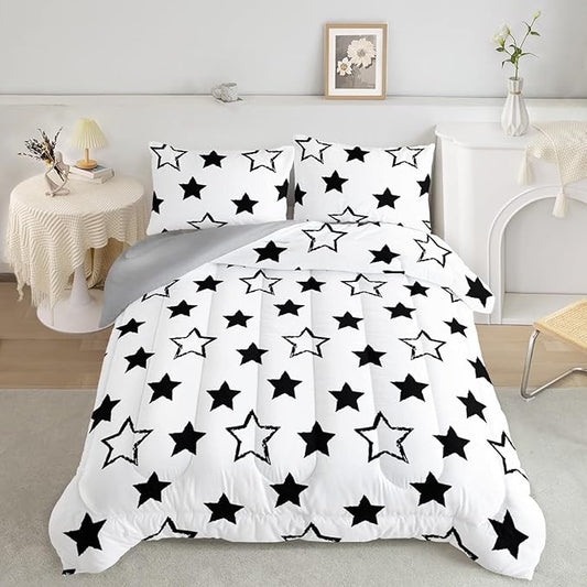 Axolotl Kids Twin Bedding Comforter Set,3Pcs Super Cute Soft Black and White Stars Quilt Set Bed in A Bag with 1 Comforter 2 Pillowcases for Kids Boys Girls Teens Adults Room Decor All Season