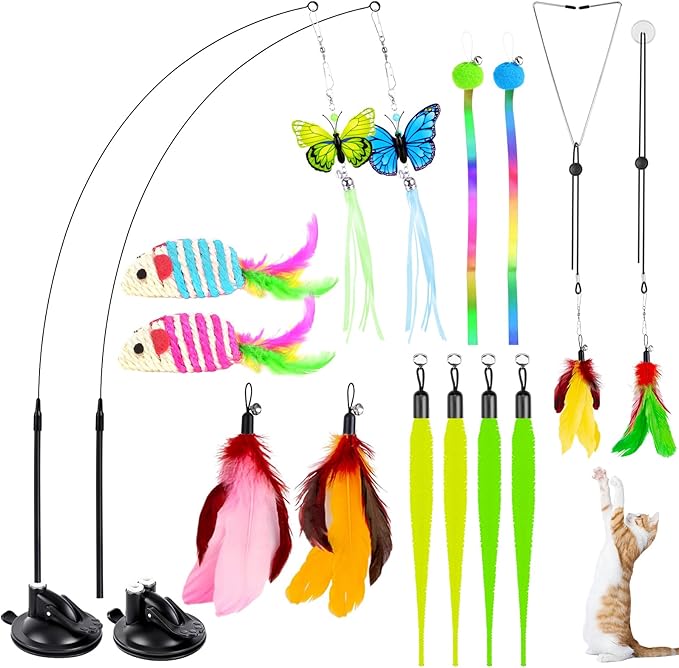 HONGDDY Cat Toys, 14Pcs 4 in 1 Indoor Adult Cat Interactive Toys, Hanging Door Kitten Wand Toys with Suction Cup Removable Feathers Balls Mice Butterfly Streamers