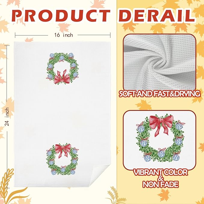 SPBL&L Chinoiserie Christmas Red Bow Wreath Decorative Hand Towels for Bathroom, Kitchen Dish Towels, 16x24 Inch