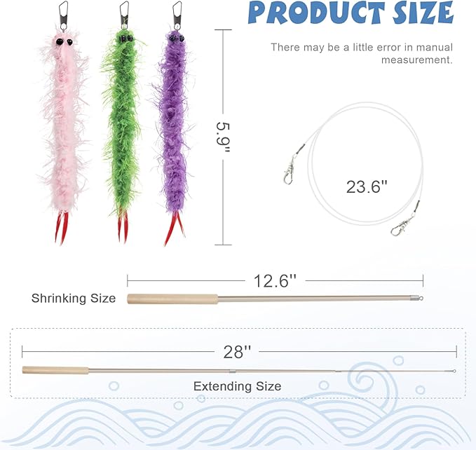 SONGWAY Worm Cat Wand Toys - 6 PCS Cat Worm Toys with Retractable Cat Wand, Cat Feather Tail Toys, Cat Fishing Pole Toy, Interactive Cat Toys for Indoor Cats Kittens
