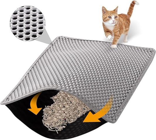 30x24 Inch Cat Litter Mat Double Layer Non-Slip Odor-Free Litter Box Mat,Waterproof and Urine Proof Litter Mat,Scatter Control, Less Waste,Easier to Clean(Gray)