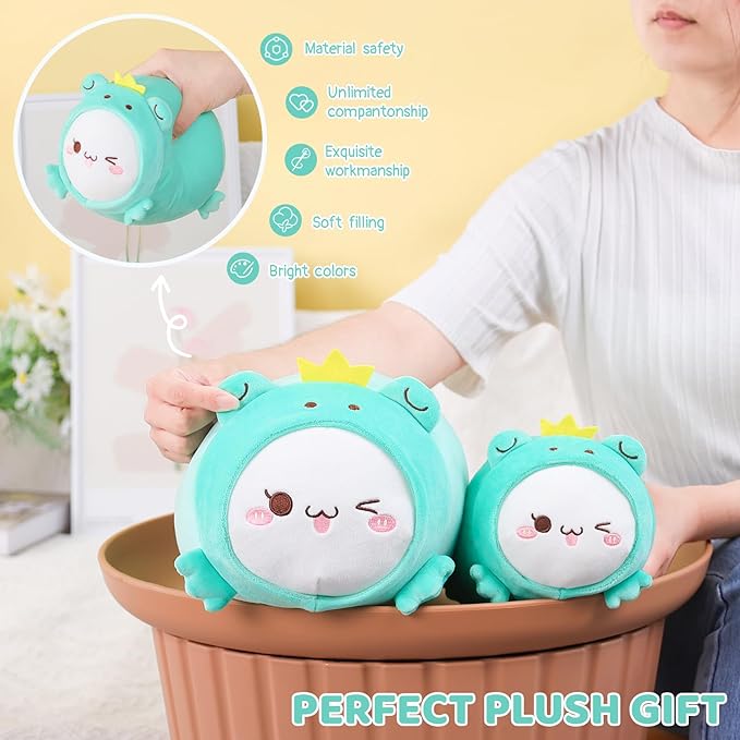 AIXINI Cute Cat Frog Plush Pillow 15.7” Kitten Froggy Stuffed Animal, Soft Kawaii Cat Plushie with Frog Outfit Costume, Hugging Plush Squishy Pillow Toy Gifts for Kids