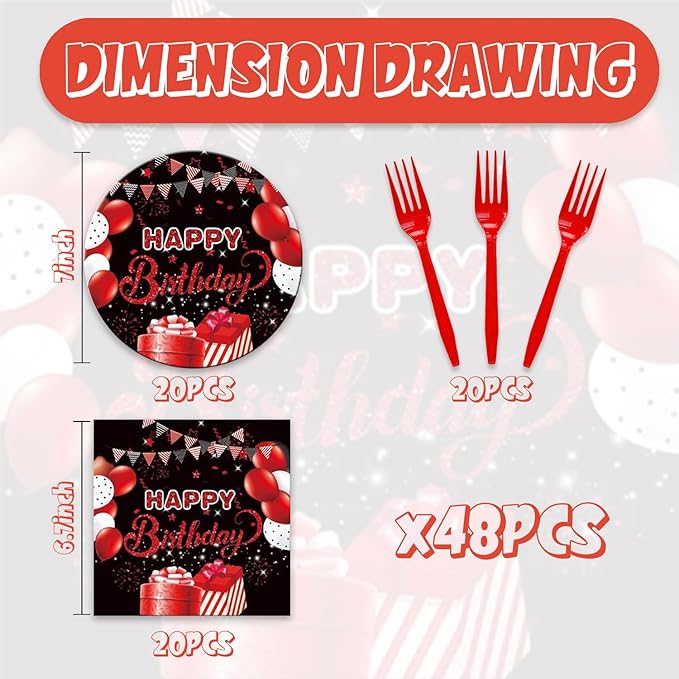 48Pcs Red and Black Happy Birthday Party Decorations for Men Women, Red and Black Balloons Pattern Birthday Decorations for Baby Shower Forks Plates and Napkins Set Party Supplies