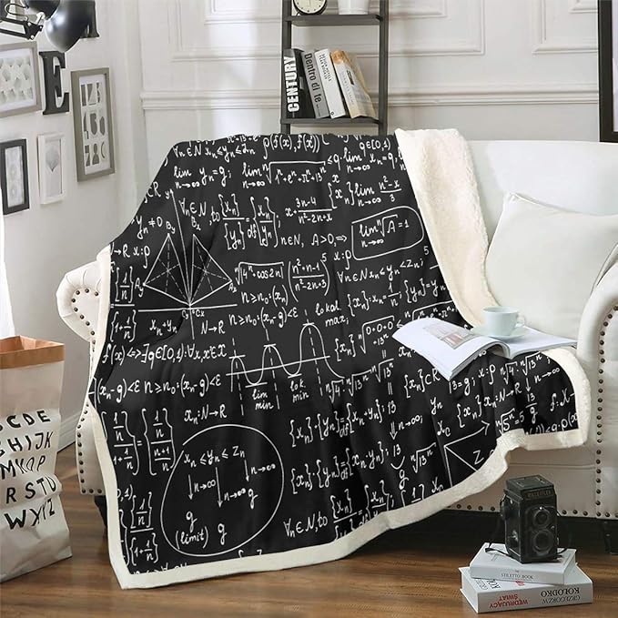 Math Theme Fleece Blanket Mathematical Formula Throw Blanket Kids Adults Geometry Stripe Numbers Sherpa Blanket for Couch Bed Sofa Black White Fuzzy Blanket Room Decor Plush BlanketThrow 50"x60"