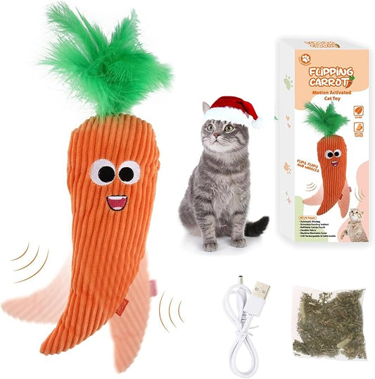 Gigwi Cat Toys Flapping Carrot with Catnip, Moving Activated Cat Kicker and Chew Toy, Automatic Motion Kitten Toys, Flappy Wiggle for Cat Exercise, Interactive Cat Toys with USB Rechargeable